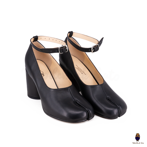 WoodChuckSato Black Tabi Split-Toe Leather Mary Jane Pumps with 8cm Heels & Ankle Strap Buckle Sizes EU 35-41