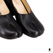 WoodChuckSato Black Tabi Split-Toe Leather Mary Jane Pumps with 8cm Heels & Ankle Strap Buckle Sizes EU 35-41