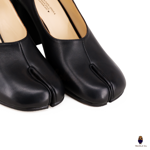 WoodChuckSato Black Tabi Split-Toe Leather Mary Jane Pumps with 8cm Heels & Ankle Strap Buckle Sizes EU 35-41