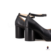 WoodChuckSato Black Tabi Split-Toe Leather Mary Jane Pumps with 8cm Heels & Ankle Strap Buckle Sizes EU 35-41