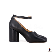 WoodChuckSato Black Tabi Split-Toe Leather Mary Jane Pumps with 8cm Heels & Ankle Strap Buckle Sizes EU 35-41