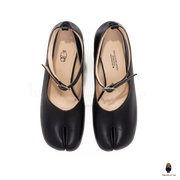 WoodChuckSato Black Tabi Split-Toe Leather Mary Jane Pumps with 8cm Heels & Ankle Strap Buckle Sizes EU 35-41