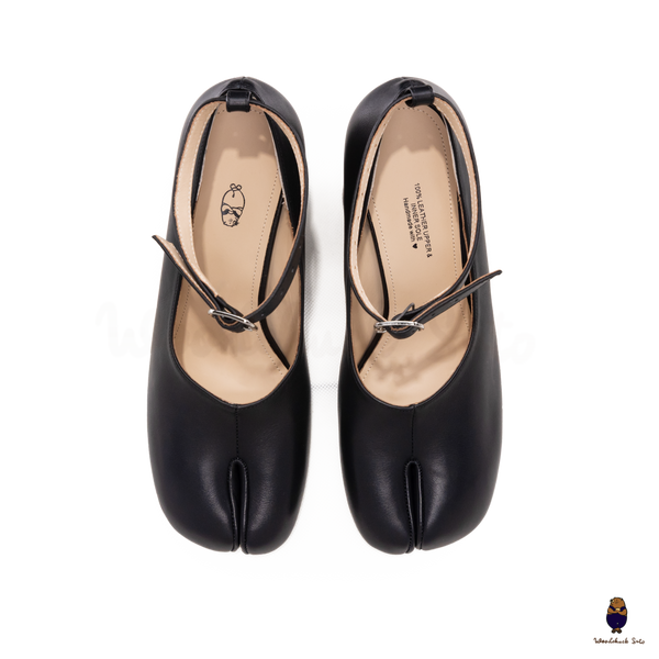WoodChuckSato Black Tabi Split-Toe Leather Mary Jane Pumps with 8cm Heels & Ankle Strap Buckle Sizes EU 35-41
