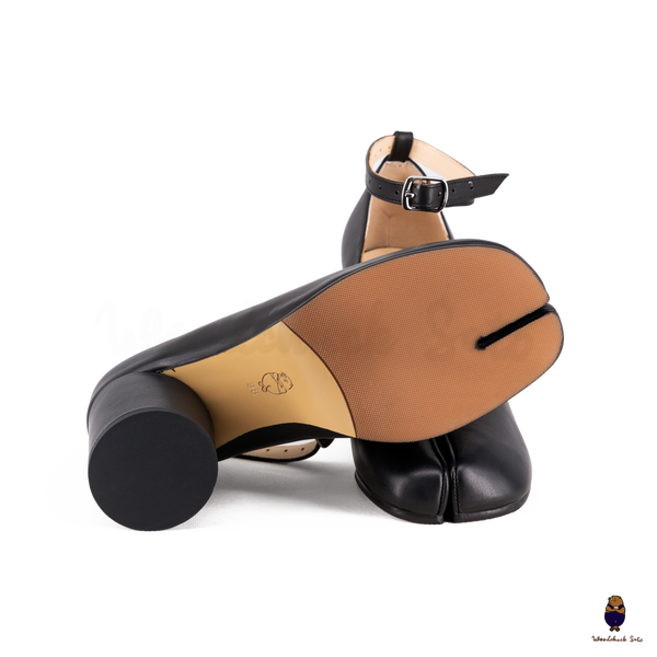 WoodChuckSato Black Tabi Split-Toe Leather Mary Jane Pumps with 8cm Heels & Ankle Strap Buckle Sizes EU 35-41
