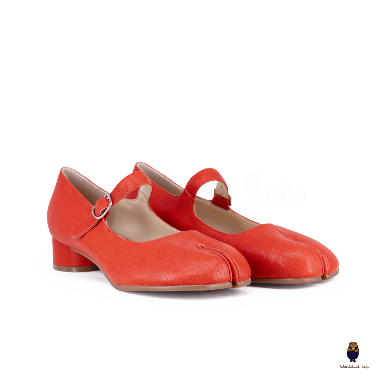 WoodchuckSato Red Sheep Leather Tabi Mary Jane Heels with Strap