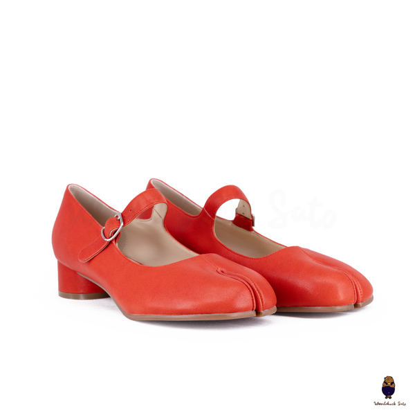 WoodChuckSato Scarpe Mary Jane da Uomo in Pelle di Pecora con Punta Divisa Rosso Brillante da Donna con Tacco di 3 cm e Cinturino Regolabile Taglie EU 35-41