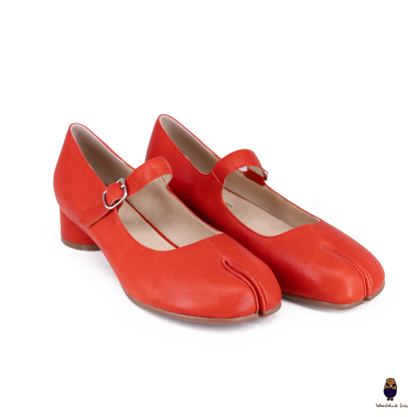 WoodChuckSato Scarpe Mary Jane da Uomo in Pelle di Pecora con Punta Divisa Rosso Brillante da Donna con Tacco di 3 cm e Cinturino Regolabile Taglie EU 35-41
