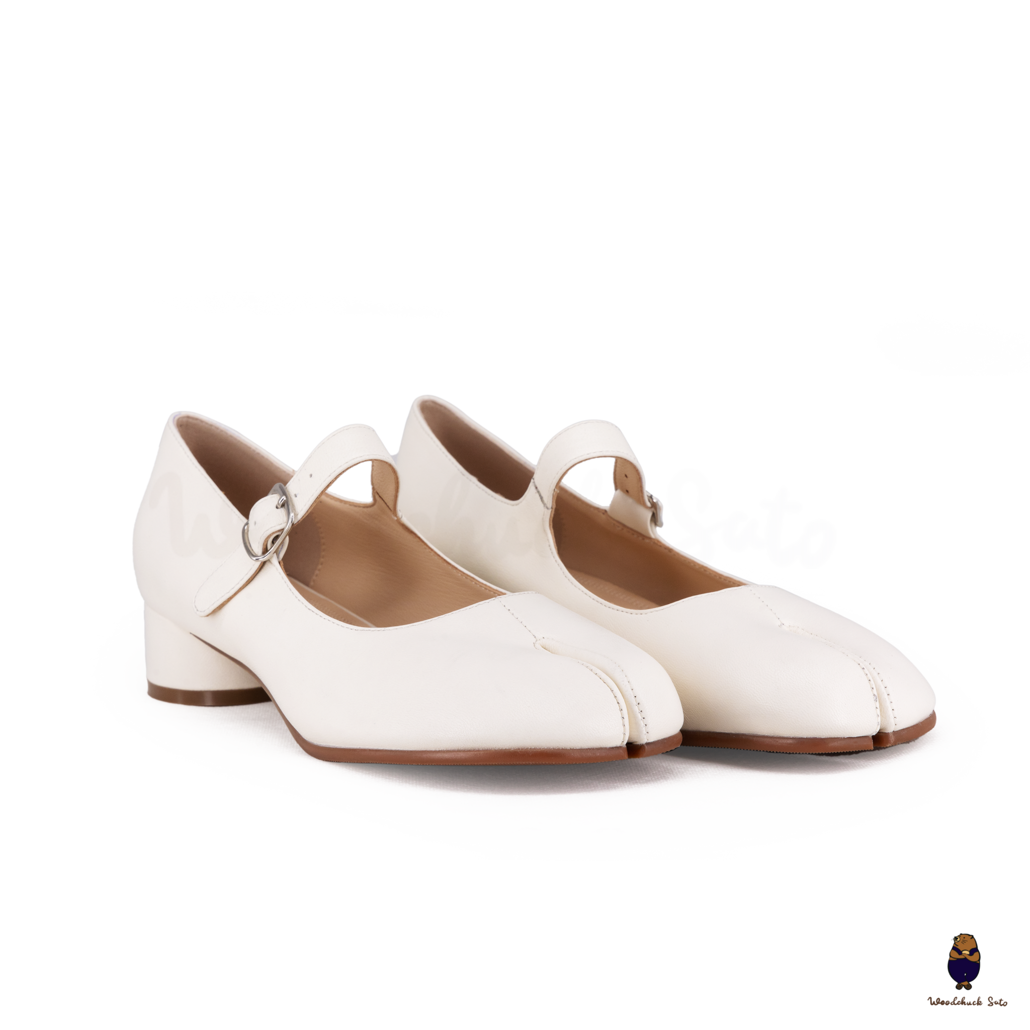 WoodChuckSato Scarpe Mary Jane da Uomo in Pelle di Pecora Tabi Bianche con Punta Divisa con Tacco di 3 cm e Cinturino Regolabile Taglie EU 35-41