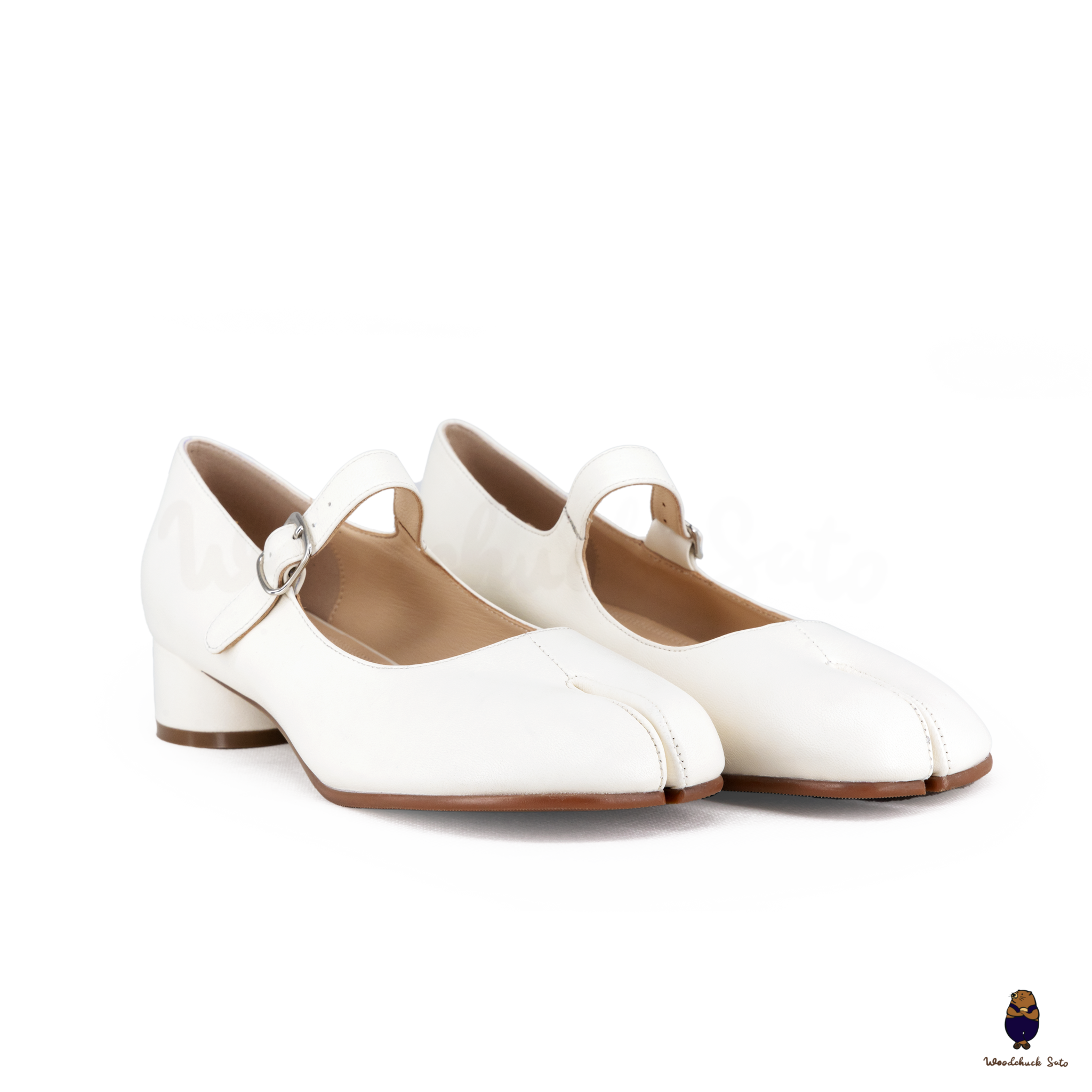 WoodChuckSato Women's Men's White Tabi Split-Toe Sheep Leather Mary Jane Shoes with 3cm Heel & Adjustable Strap Sizes EU 35-41
