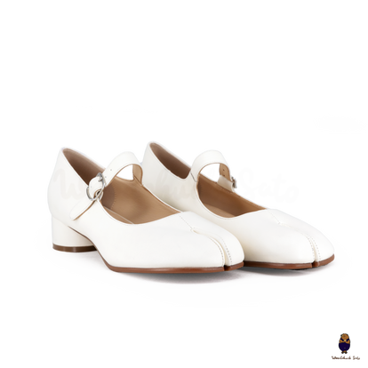 WoodchuckSato White Sheep Leather Tabi Mary Jane Heels with Strap