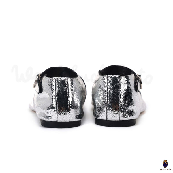 WoodChuckSato Zapatos Mary Jane de cuero de oveja con punta dividida Tabi plateado agrietado para hombre y mujer con correa con hebilla Tallas EU 35-44