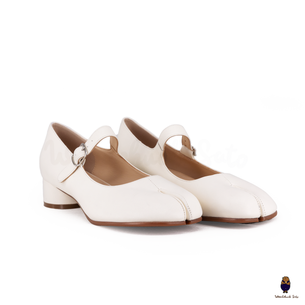 WoodChuckSato Scarpe Mary Jane da Uomo in Pelle di Pecora Tabi Bianche con Punta Divisa con Tacco di 3 cm e Cinturino Regolabile Taglie EU 35-41