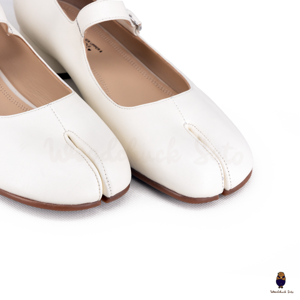 WoodChuckSato Women's Men's White Tabi Split-Toe Sheep Leather Mary Jane Shoes with 3cm Heel & Adjustable Strap Sizes EU 35-41