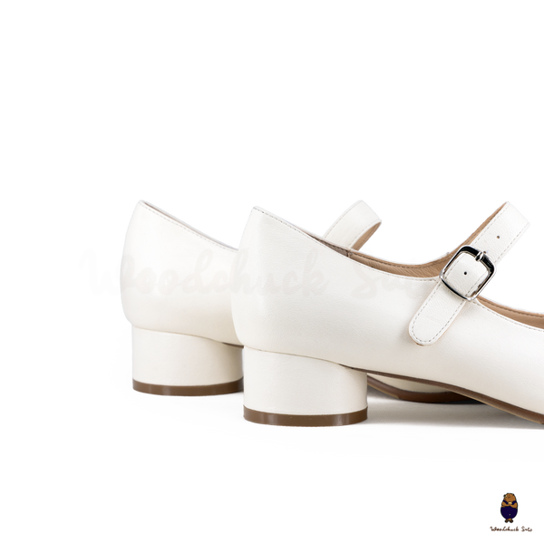 WoodChuckSato Women's Men's White Tabi Split-Toe Sheep Leather Mary Jane Shoes with 3cm Heel & Adjustable Strap Sizes EU 35-41