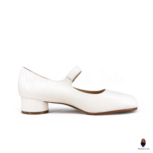 WoodChuckSato Women's Men's White Tabi Split-Toe Sheep Leather Mary Jane Shoes with 3cm Heel & Adjustable Strap Sizes EU 35-41