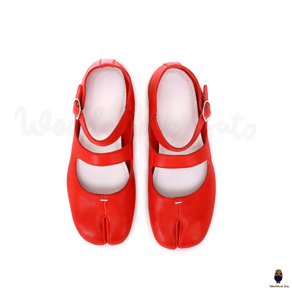 WoodChuckSato Mary-Jane-Schuhe für Damen und Herren in leuchtendem Rot Tabi Split-Toe aus Schafsleder mit Schnallenriemen, Größen EU 35–44