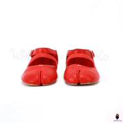 WoodChuckSato Women's Men's Bright Red Tabi Split-Toe Sheep Leather Mary Jane Shoes with Buckle Strap Sizes EU 35-44