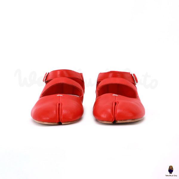 WoodChuckSato Mary-Jane-Schuhe für Damen und Herren in leuchtendem Rot Tabi Split-Toe aus Schafsleder mit Schnallenriemen, Größen EU 35–44