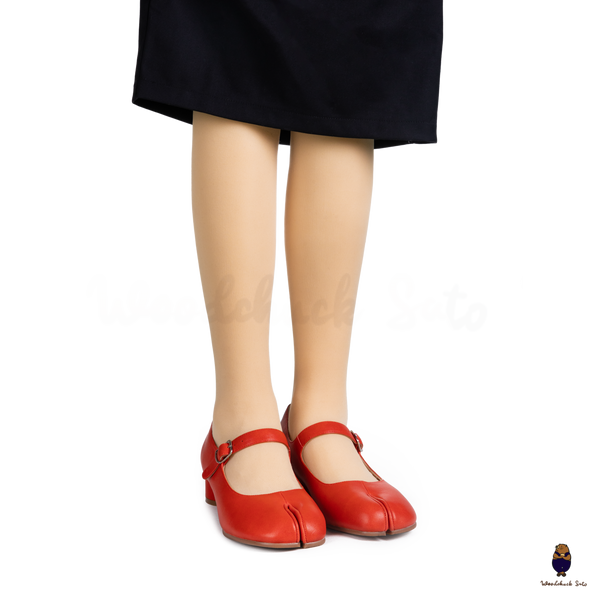 WoodChuckSato Scarpe Mary Jane da Uomo in Pelle di Pecora con Punta Divisa Rosso Brillante da Donna con Tacco di 3 cm e Cinturino Regolabile Taglie EU 35-41