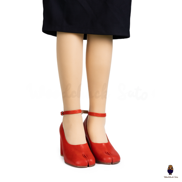 WoodChuckSato Bright Red Tabi Split-Toe Leather Mary Jane Pumps with 8cm Heels & Ankle Strap Buckle Sizes EU 35-41