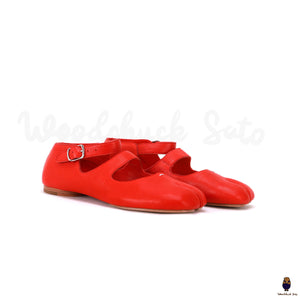 WoodChuckSato Mary-Jane-Schuhe für Damen und Herren in leuchtendem Rot Tabi Split-Toe aus Schafsleder mit Schnallenriemen, Größen EU 35–44