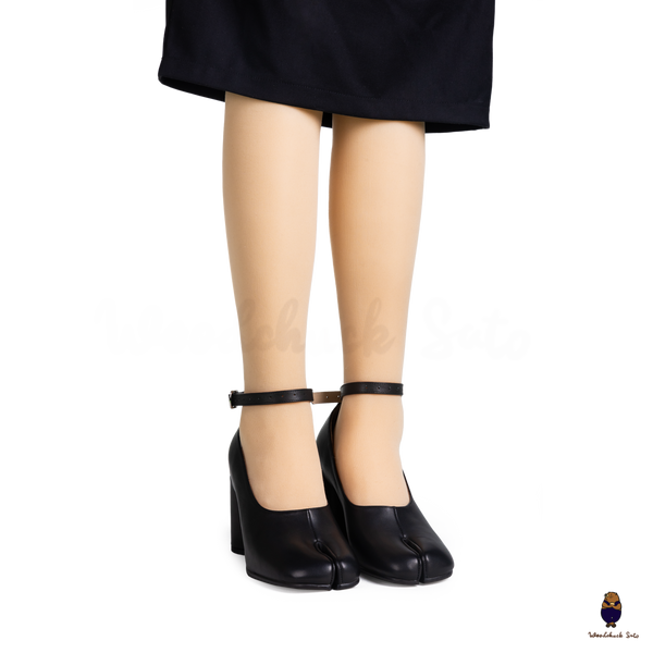 WoodChuckSato Black Tabi Split-Toe Leather Mary Jane Pumps with 8cm Heels & Ankle Strap Buckle Sizes EU 35-41