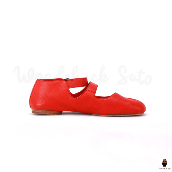 WoodChuckSato Mary-Jane-Schuhe für Damen und Herren in leuchtendem Rot Tabi Split-Toe aus Schafsleder mit Schnallenriemen, Größen EU 35–44