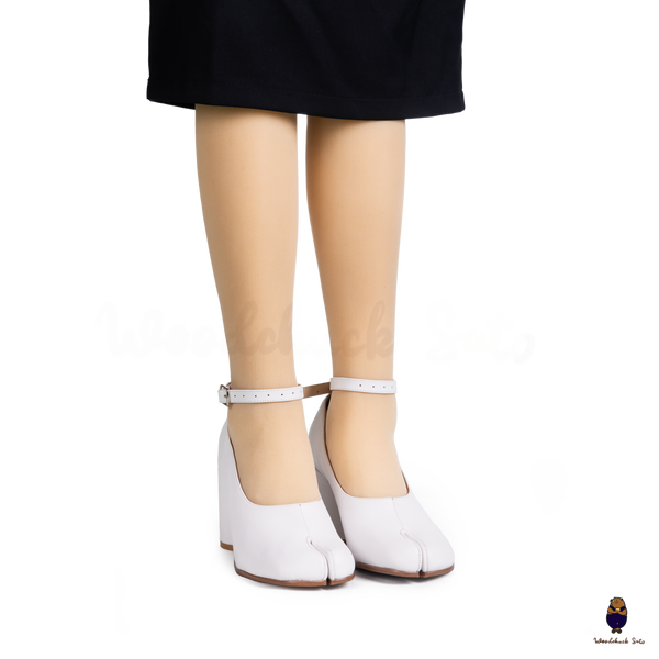 WoodChuckSato White Tabi Split-Toe Leather Mary Jane Pumps with 8cm Heels & Ankle Strap Buckle Sizes EU 35-41