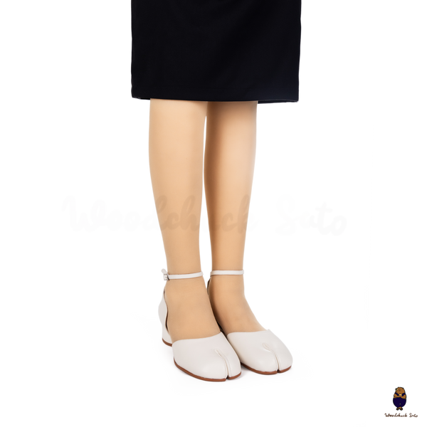 WoodChuckSato White Tabi Split-Toe Cow Leather Summer Sandals with Low Heels & Ankle Strap Buckle Sizes EU 35-45