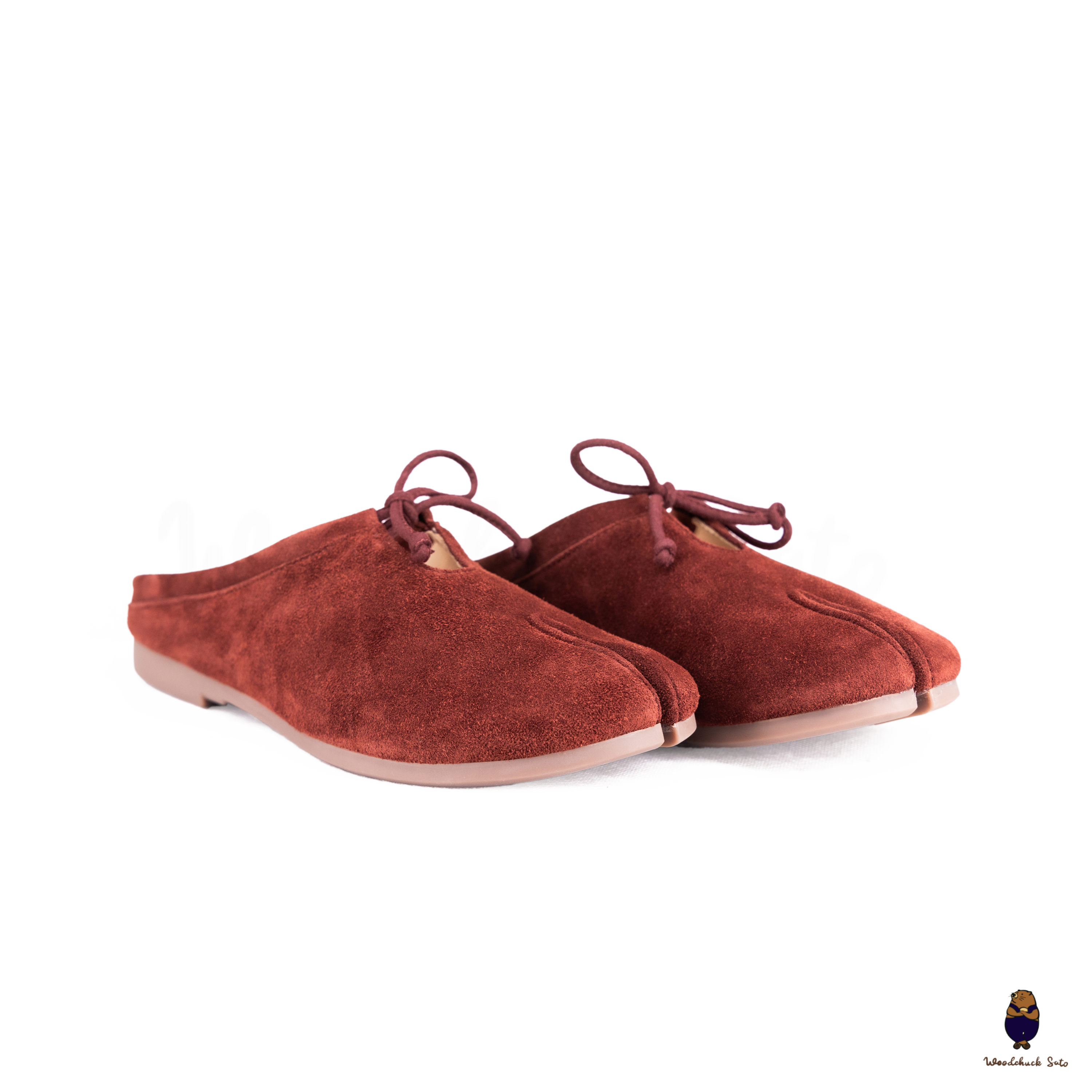 Woodchuck Sato Wine Red Suede Tabi Mules Split-Toe Flats with Bow