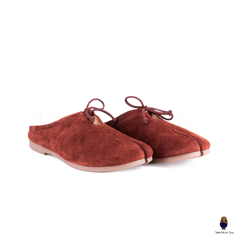 Woodchuck Sato Wine Red Suede Tabi Mules Split-Toe Flats with Bow