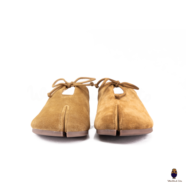 Woodchuck Sato Chestnut Brown Suede Tabi Mules Split-Toe Flats with Bow