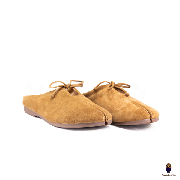 Woodchuck Sato Chestnut Brown Suede Tabi Mules Split-Toe Flats with Bow
