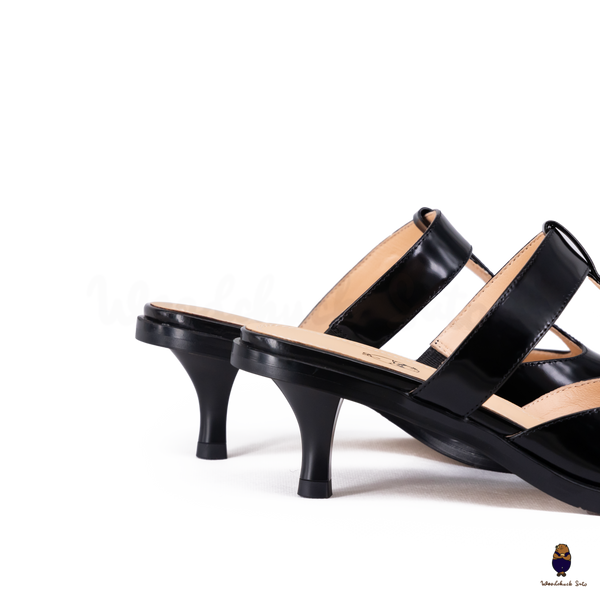 WoodChuckSato Black Tabi Slingback Heels Cow Leather with T-Strap Design