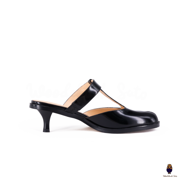 WoodChuckSato Black Tabi Slingback Heels Cow Leather with T-Strap Design