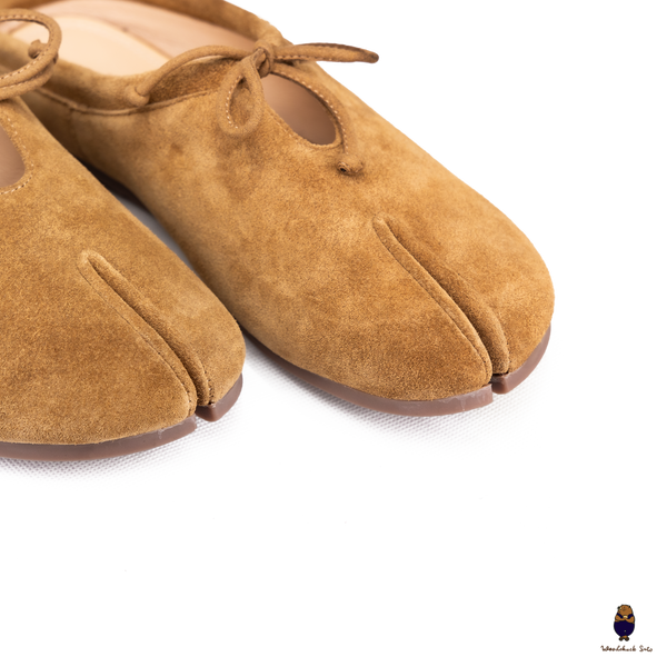 Woodchuck Sato Chestnut Brown Suede Tabi Mules Split-Toe Flats with Bow