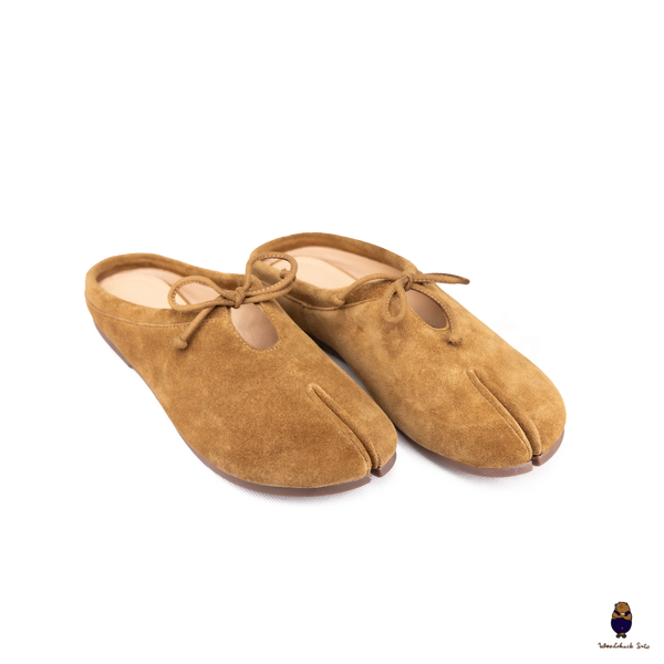 Woodchuck Sato Chestnut Brown Suede Tabi Mules Split-Toe Flats with Bow