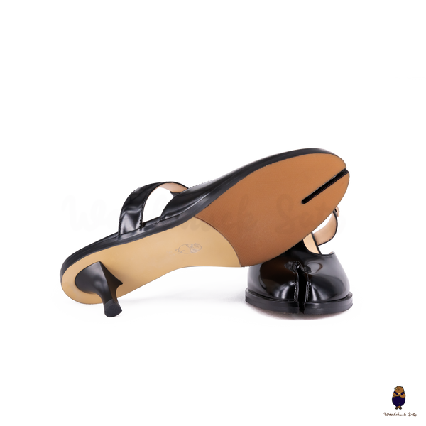 WoodChuckSato Black Tabi Slingback Heels Cow Leather with T-Strap Design