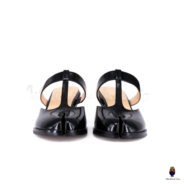 WoodChuckSato Black Tabi Slingback Heels Cow Leather with T-Strap Design