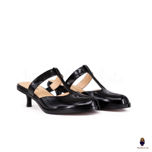 WoodChuckSato Black Tabi Slingback Heels Cow Leather with T-Strap Design