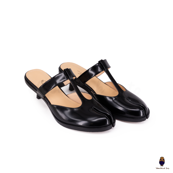 WoodChuckSato Black Tabi Slingback Heels Cow Leather with T-Strap Design