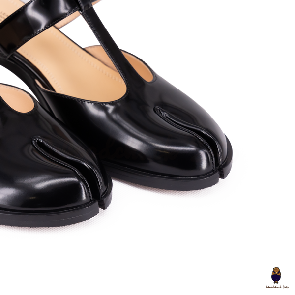 WoodChuckSato Black Tabi Slingback Heels Cow Leather with T-Strap Design