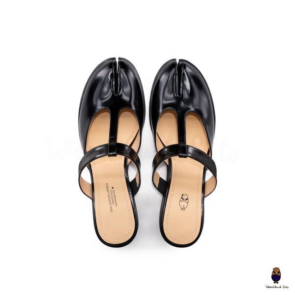 WoodChuckSato Black Tabi Slingback Heels Cow Leather with T-Strap Design