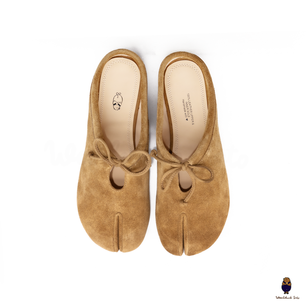 Woodchuck Sato Chestnut Brown Suede Tabi Mules Split-Toe Flats with Bow