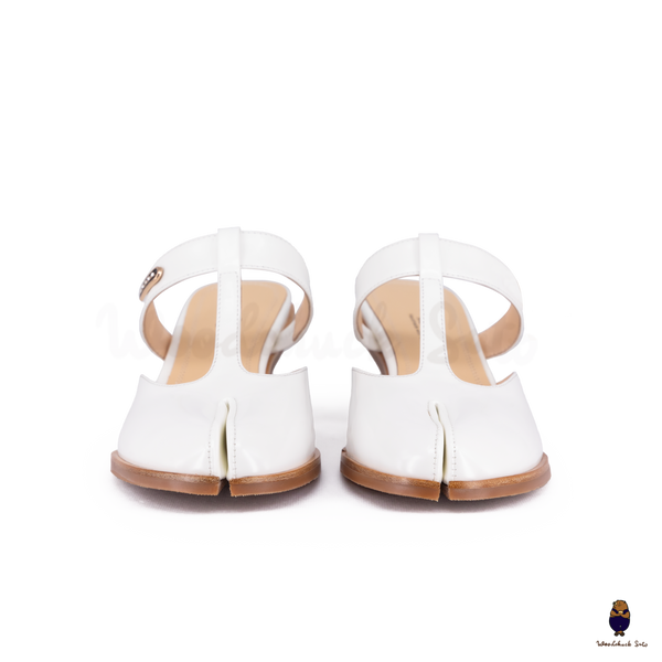 WoodChuckSato White Tabi Slingback Heels Cow Leather with T-Strap Design
