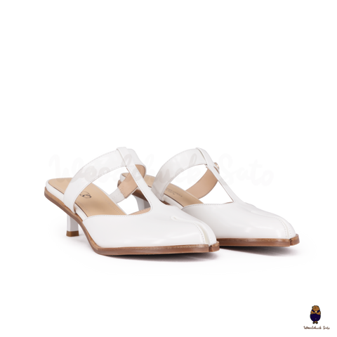 WoodChuckSato Women's White Tabi Split-Toe Open-Back Cow Leather Heeled Mules with Strap Sizes EU 35-45