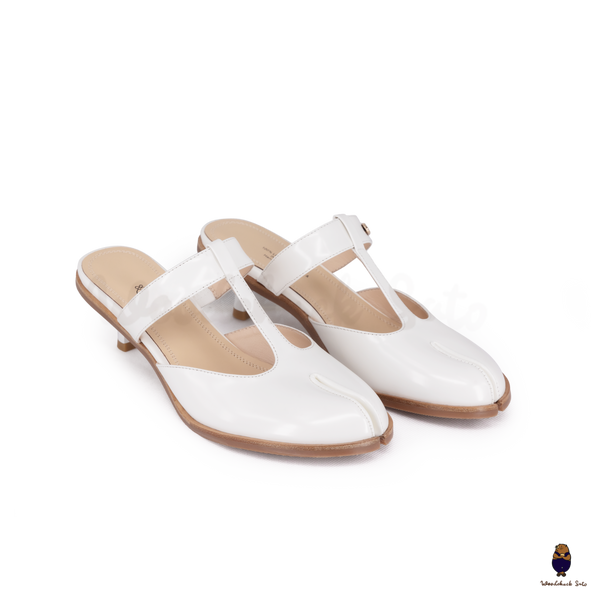 WoodChuckSato White Tabi Slingback Heels Cow Leather with T-Strap Design
