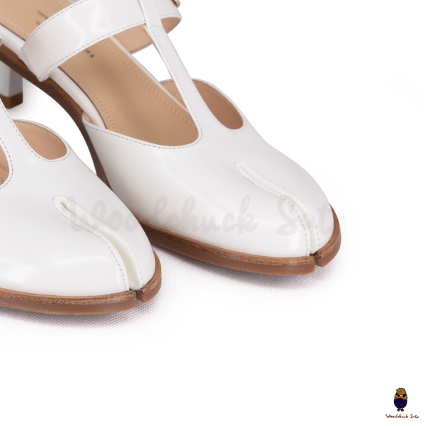 WoodChuckSato White Tabi Slingback Heels Cow Leather with T-Strap Design