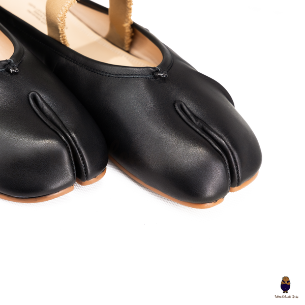 WoodChuckSato Women's Men's Black Tabi Split-Toe "Distressed" Leather Ballet Mule Shoes with Elastic Band Sizes EU 35-45