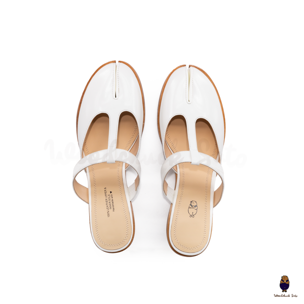 WoodChuckSato White Tabi Slingback Heels Cow Leather with T-Strap Design